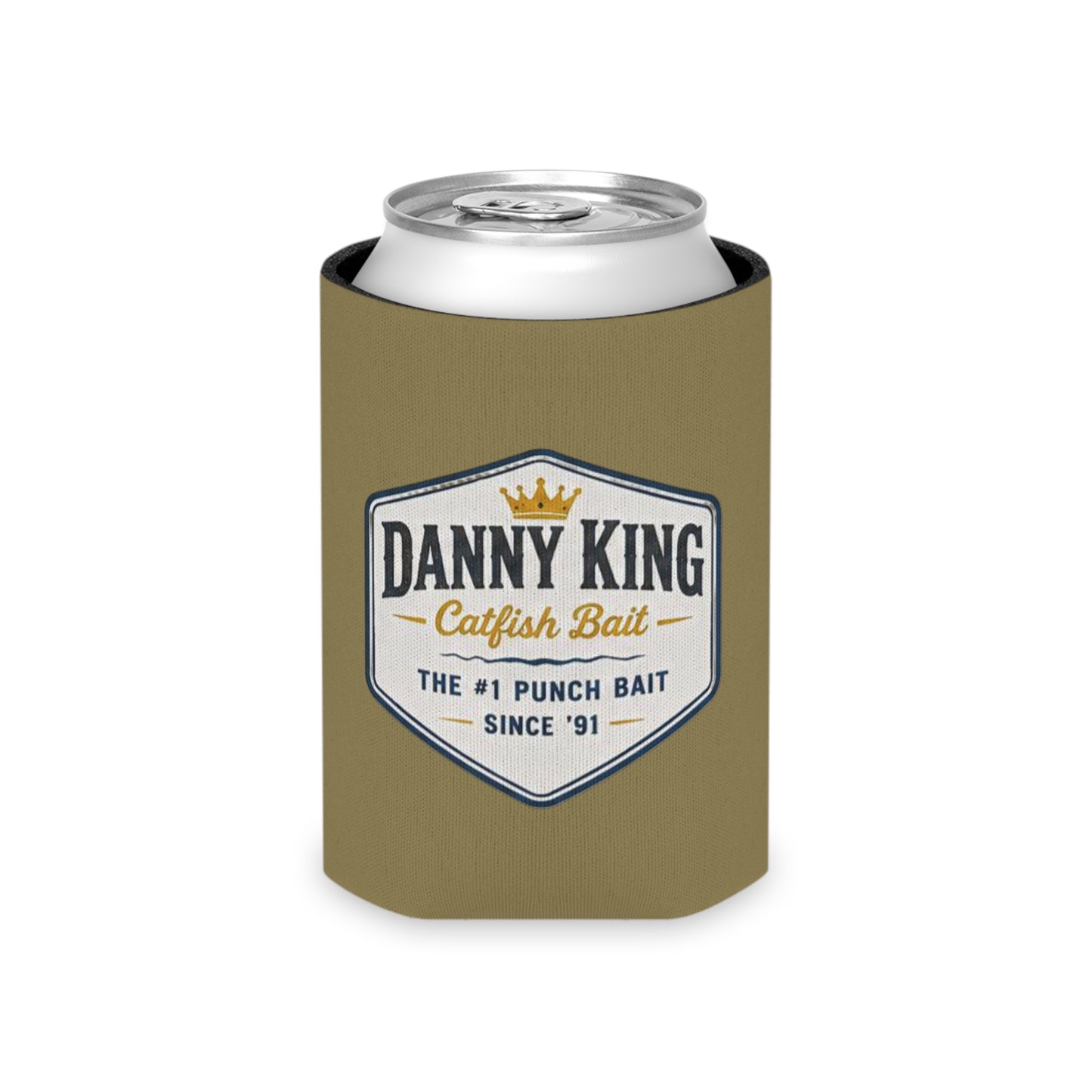 Danny King Catfish Bait Can Cooler — Tan Drink Koozie