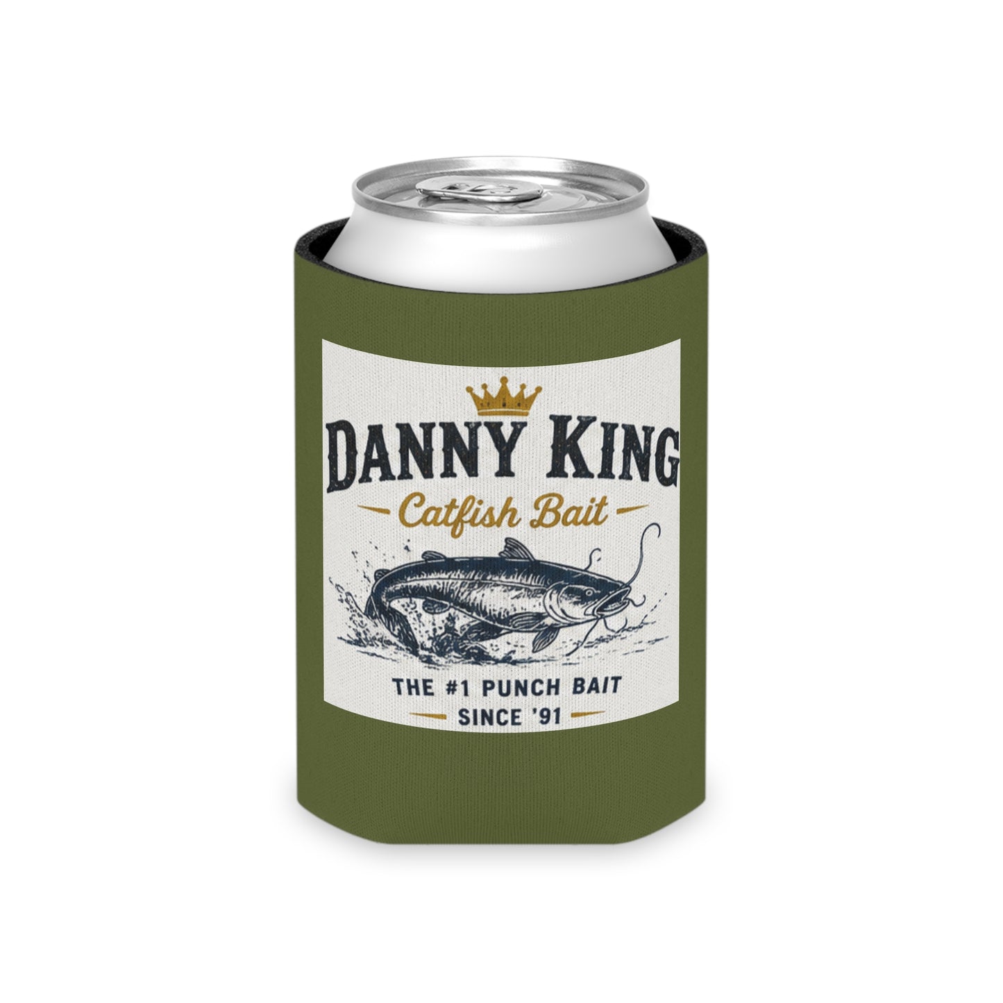 Danny King Catfish Bait Can Cooler — Olive Drink Koozie