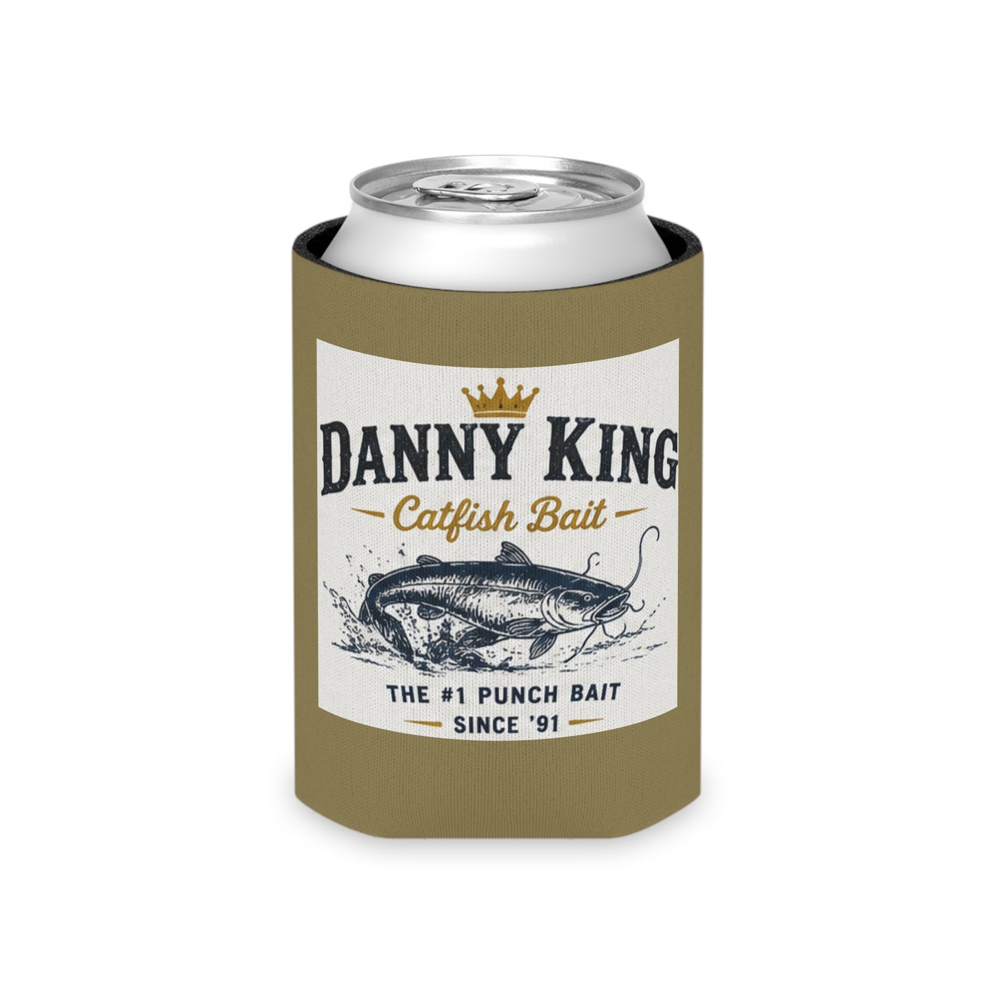 Danny King Catfish Bait Can Cooler — Tan Drink Koozie