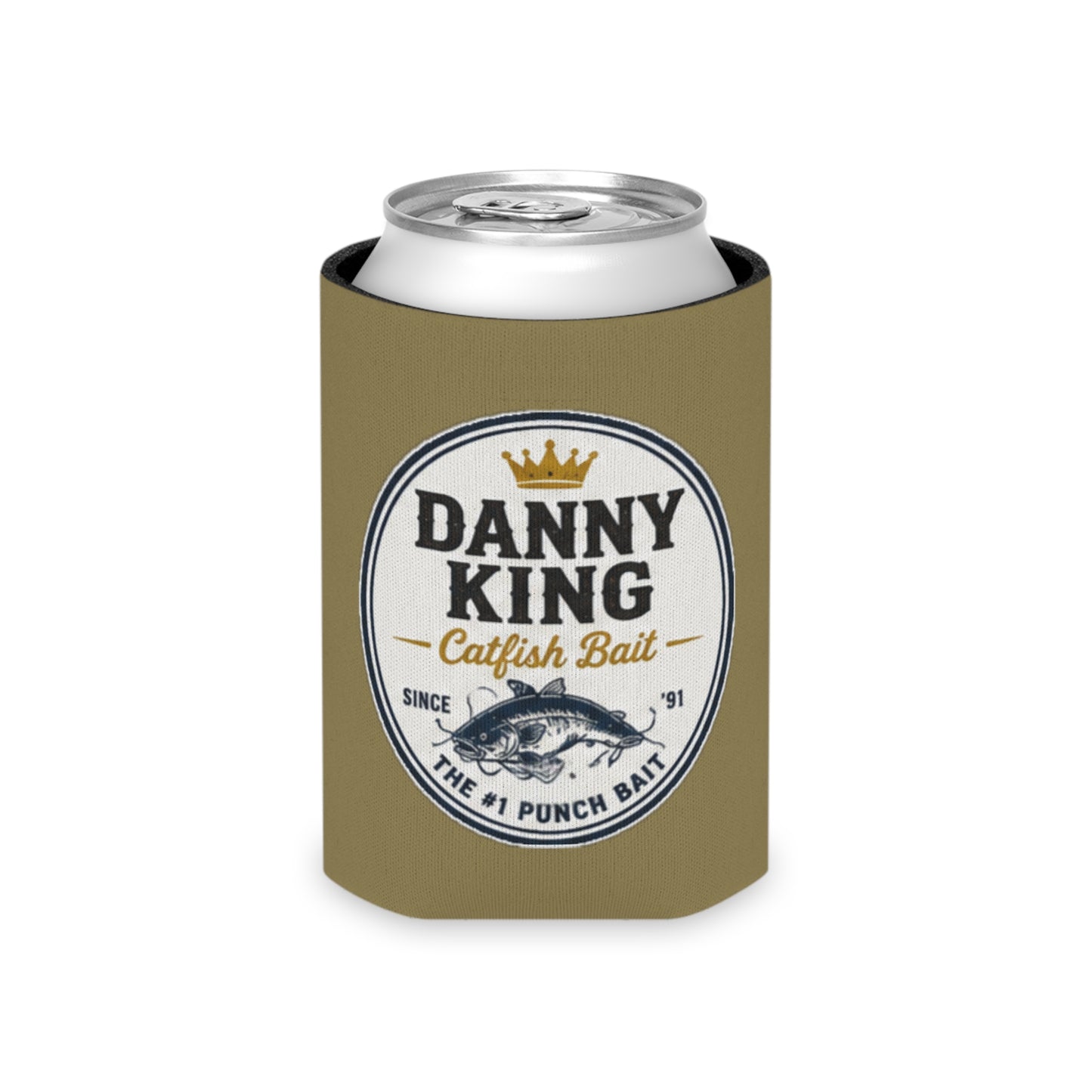 Danny King Catfish Bait Can Cooler — Tan Drink Koozie