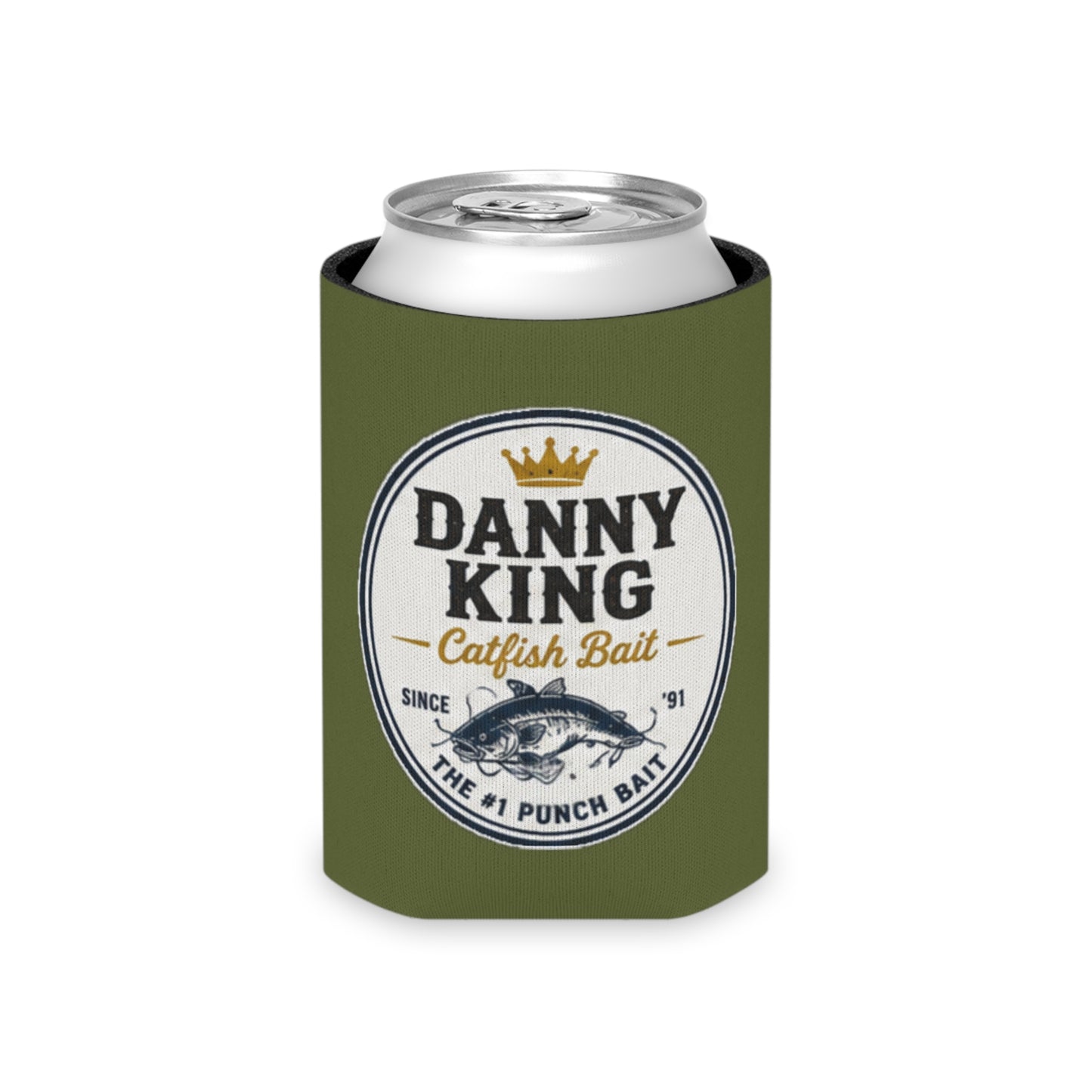 Danny King Catfish Bait Can Cooler — Olive Drink Koozie