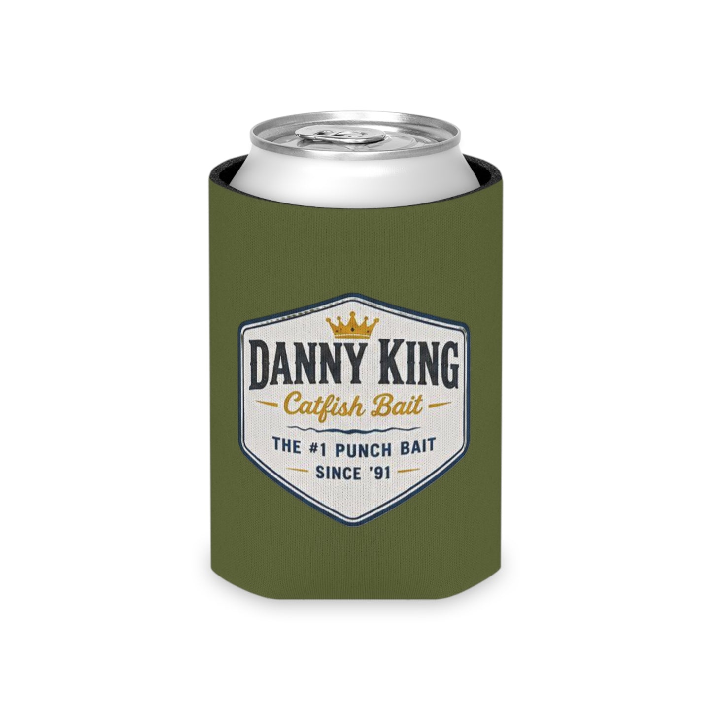 Danny King Catfish Bait Can Cooler — Olive Drink Koozie
