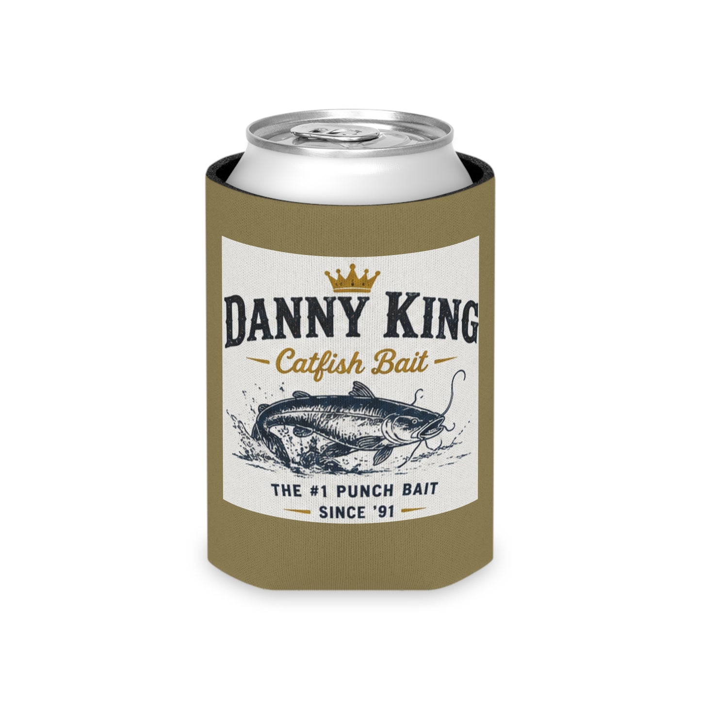 Danny King Catfish Bait Can Cooler — Tan Drink Koozie
