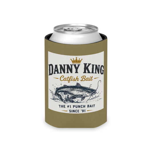 Danny King Catfish Bait Can Cooler — Tan Drink Koozie