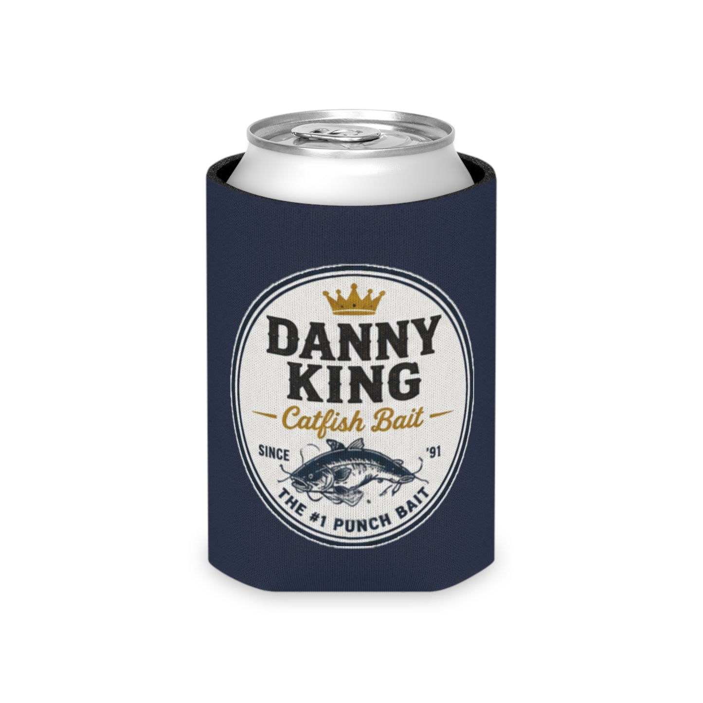 Danny King Catfish Bait Can Cooler — Navy Drink Koozie