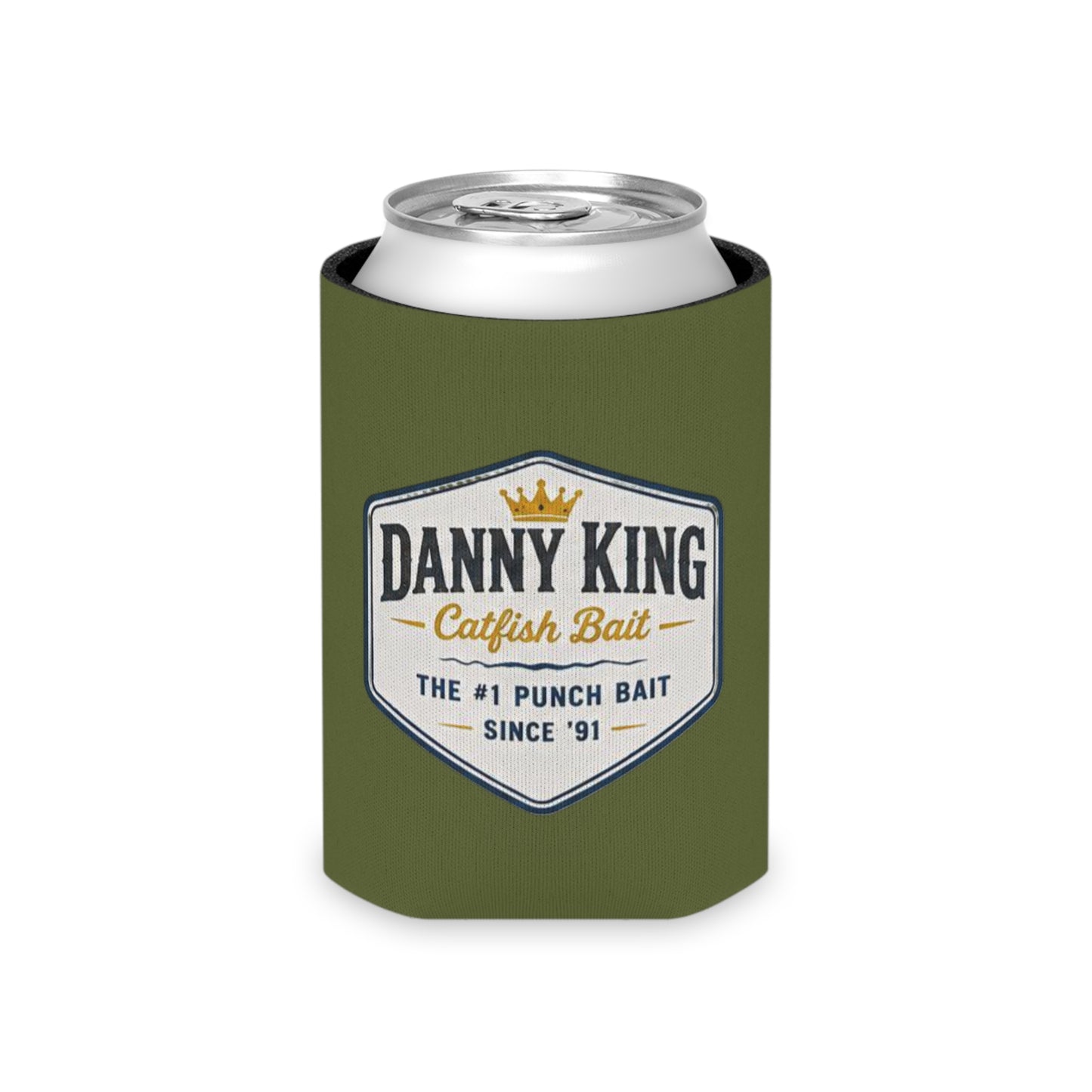 Danny King Catfish Bait Can Cooler — Olive Drink Koozie