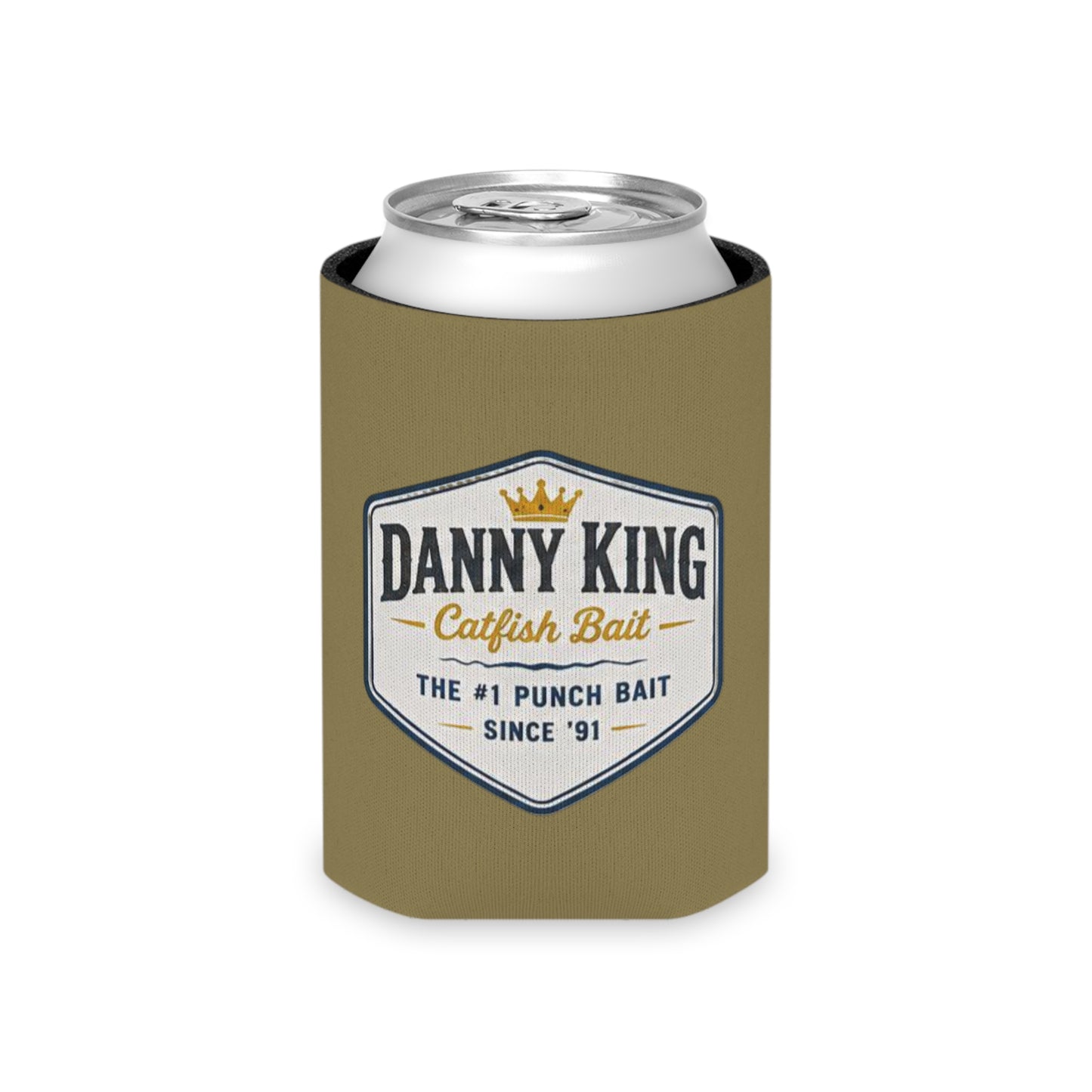 Danny King Catfish Bait Can Cooler — Tan Drink Koozie