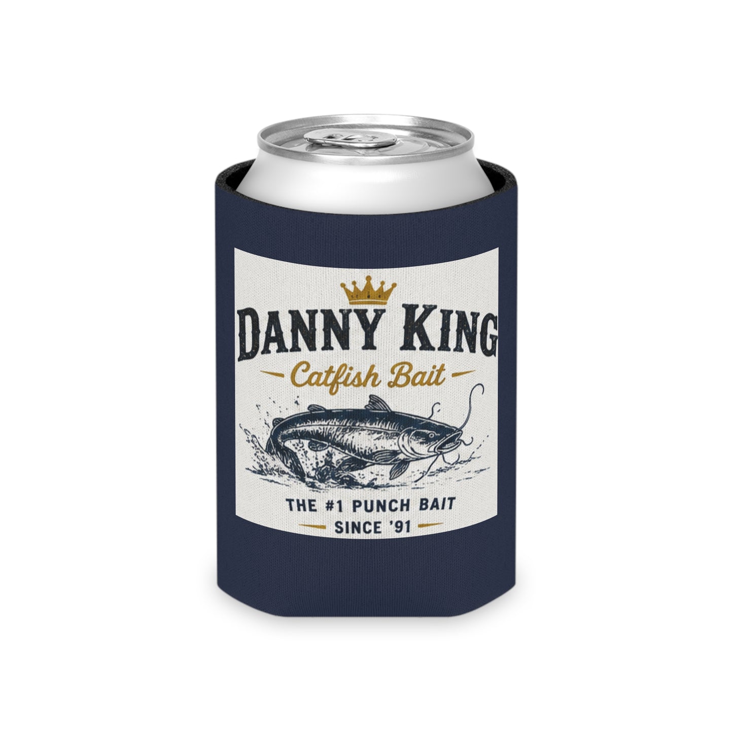 Danny King Catfish Bait Can Cooler — Navy Drink Koozie