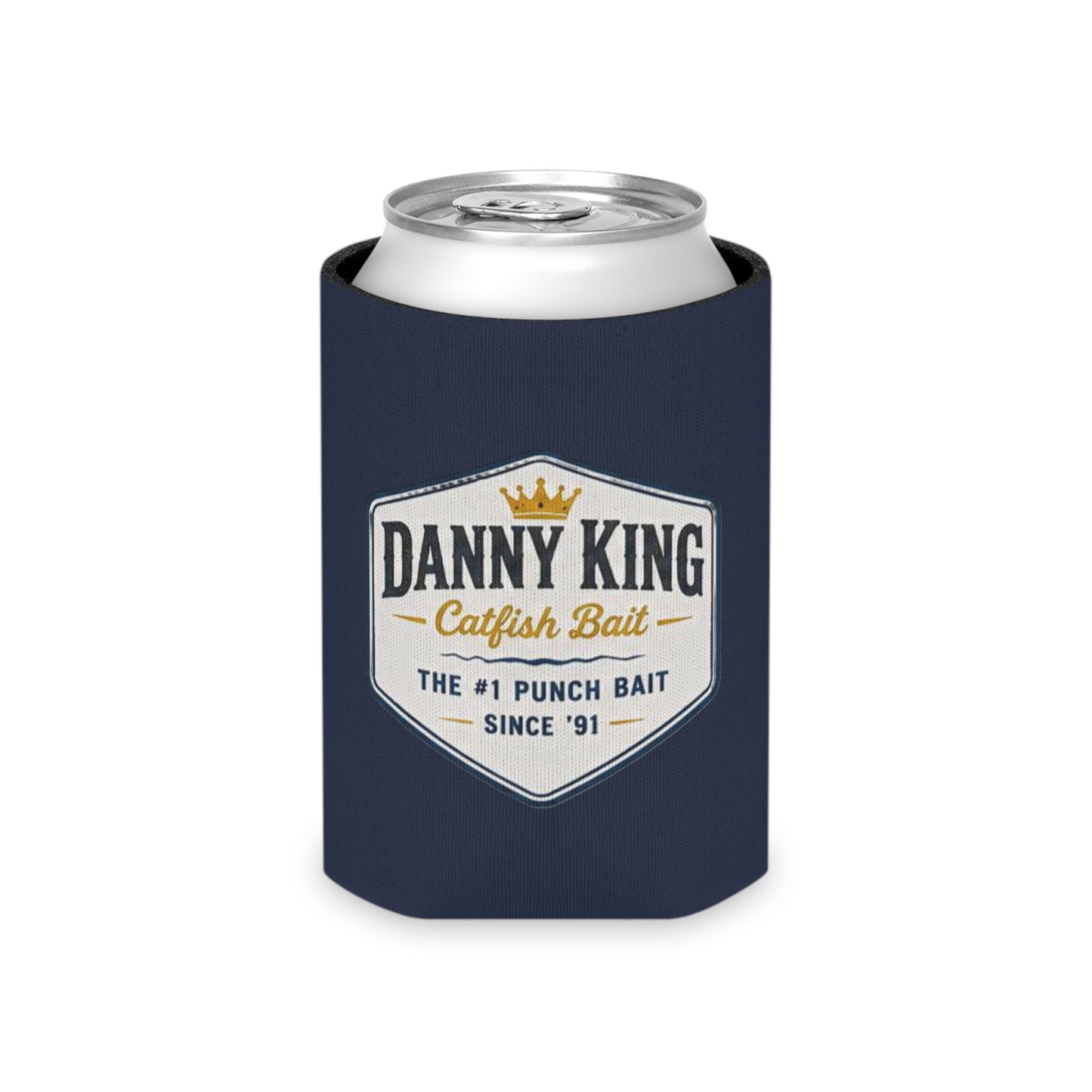 Danny King Catfish Bait Can Cooler — Navy Drink Koozie