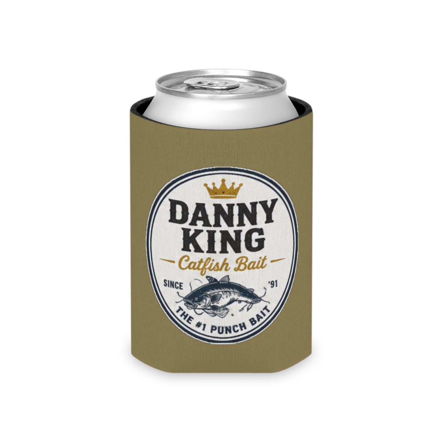 Danny King Catfish Bait Can Cooler — Tan Drink Koozie