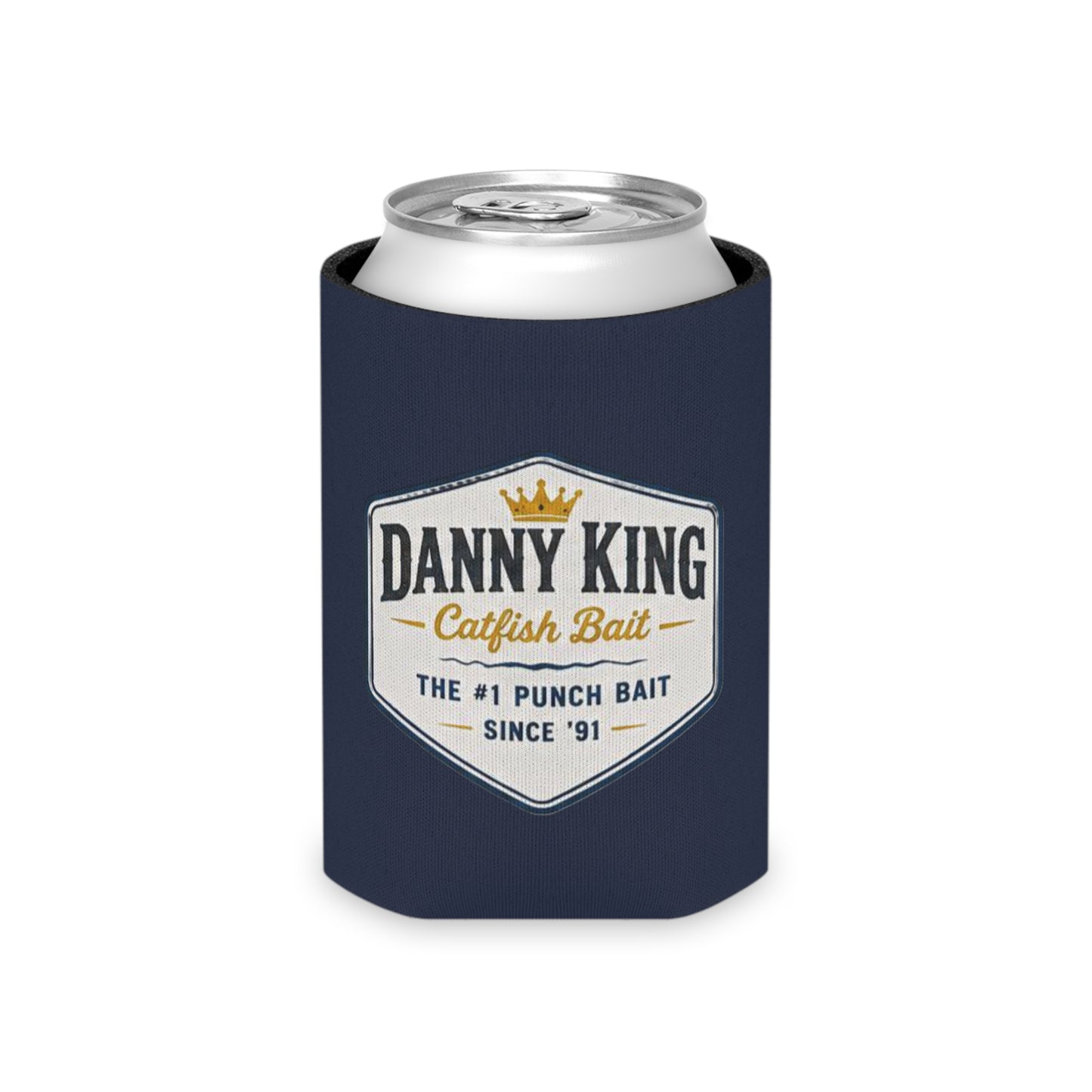 Danny King Catfish Bait Can Cooler — Navy Drink Koozie
